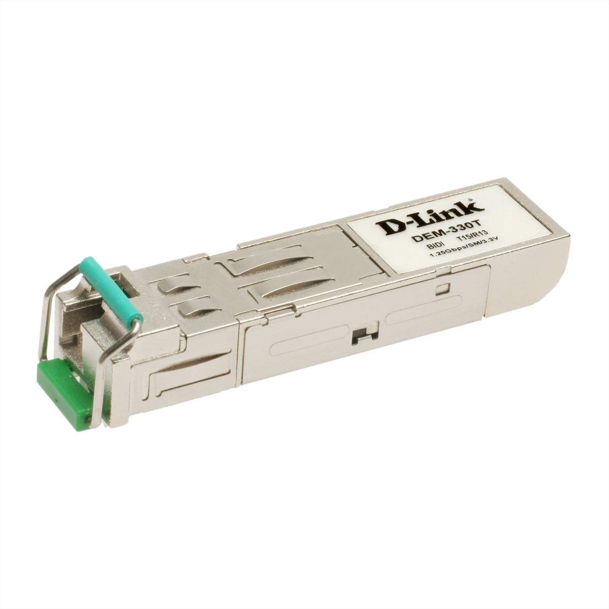 D-Link DEM-330T SFP-Transceiver-Modul mit grünem Stecker, dargestellt auf weißem Hintergrund.