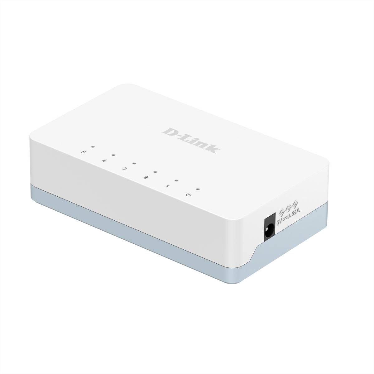 Weißer D-Link-Router mit Statusleuchten und Stromanschluss, dargestellt in Dreiviertelperspektive auf einfachem weißem Hintergrund.