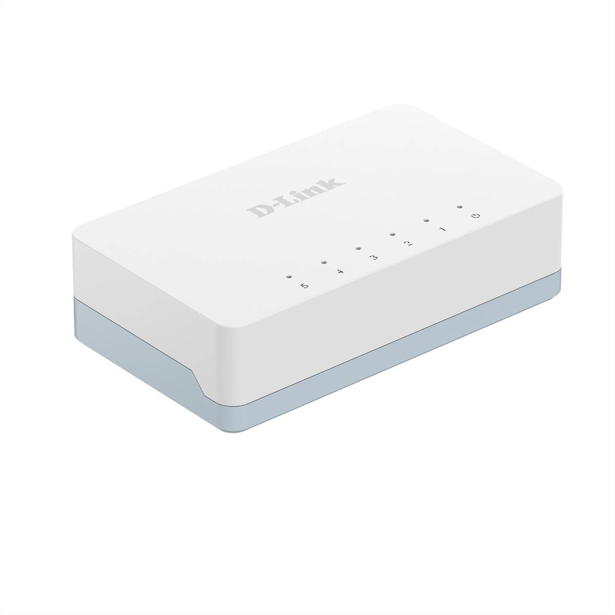 Weißes D-Link-Netzwerkgerät mit Statusleuchten oben, in Perspektive auf einfachem Hintergrund dargestellt.