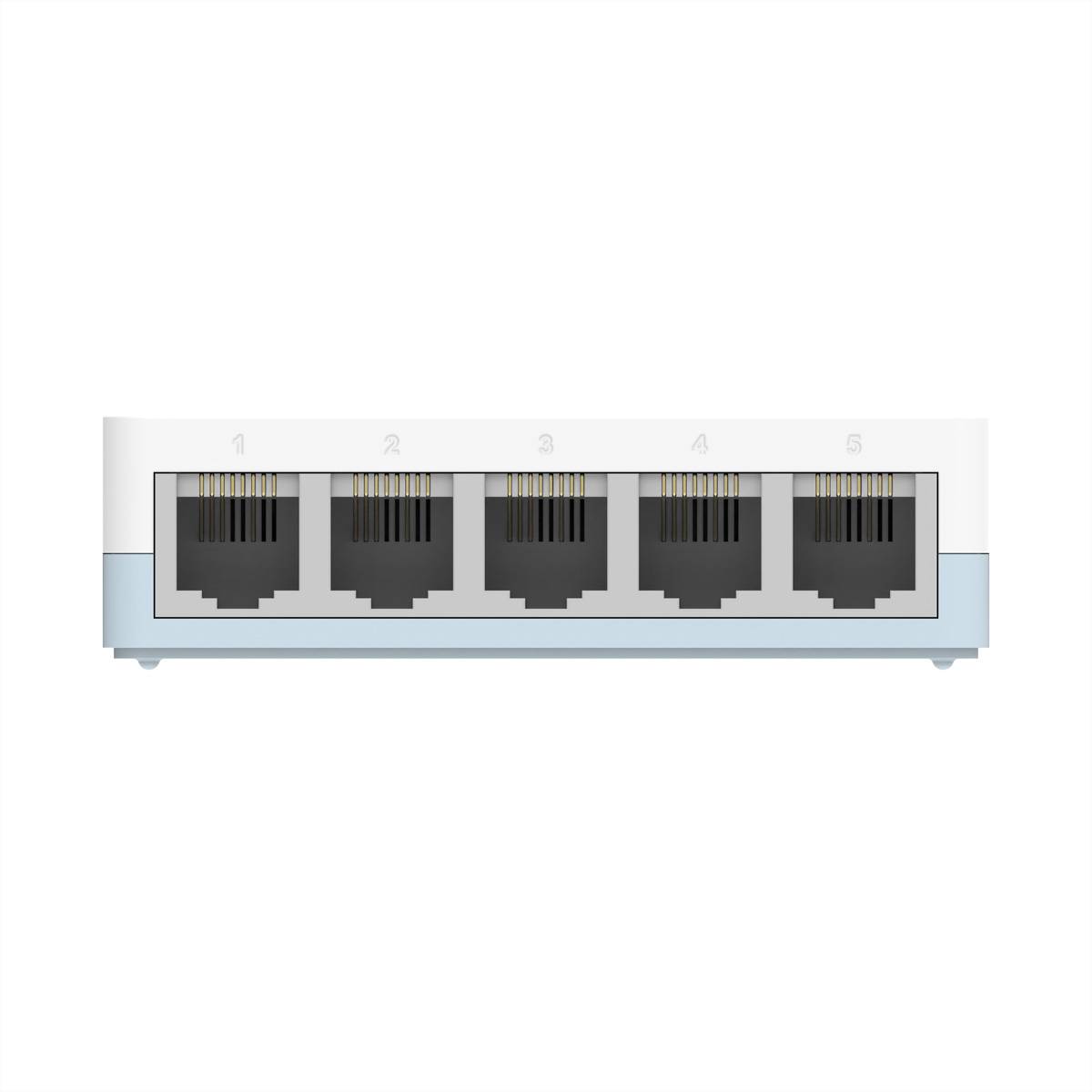 Abbildung eines 5-Port-Ethernet-Netzwerk-Switches mit nummerierten RJ45-Anschlüssen auf der Frontplatte.