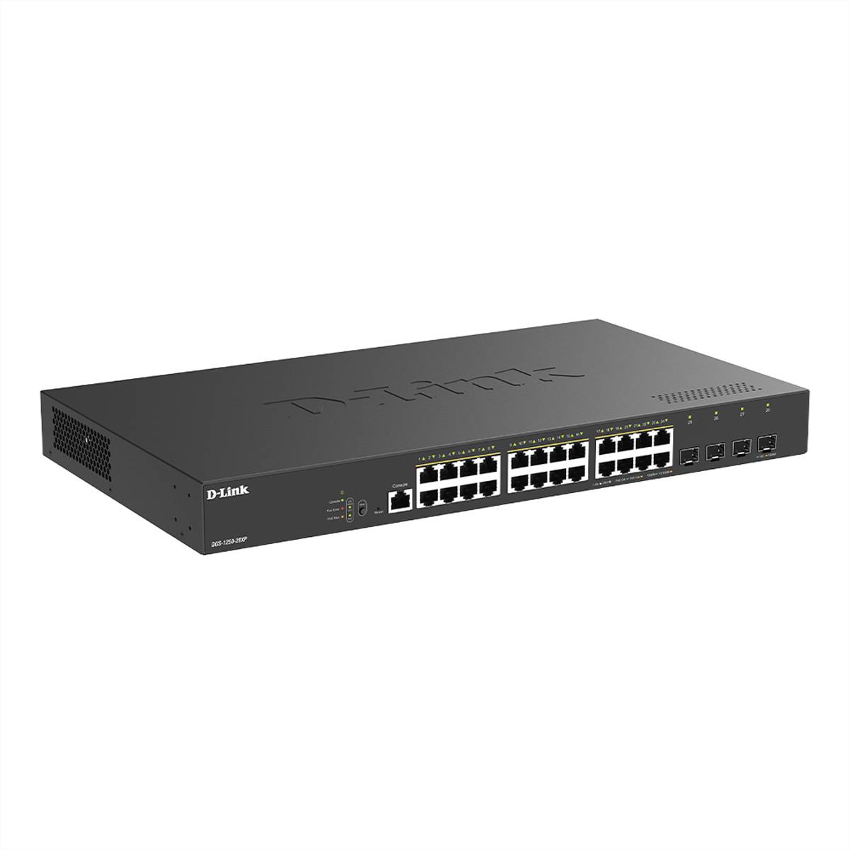 D-Link Rack-Mount-Netzwerk-Switch mit mehreren Ethernet-Anschlüssen und Statusleuchten auf der Frontblende.