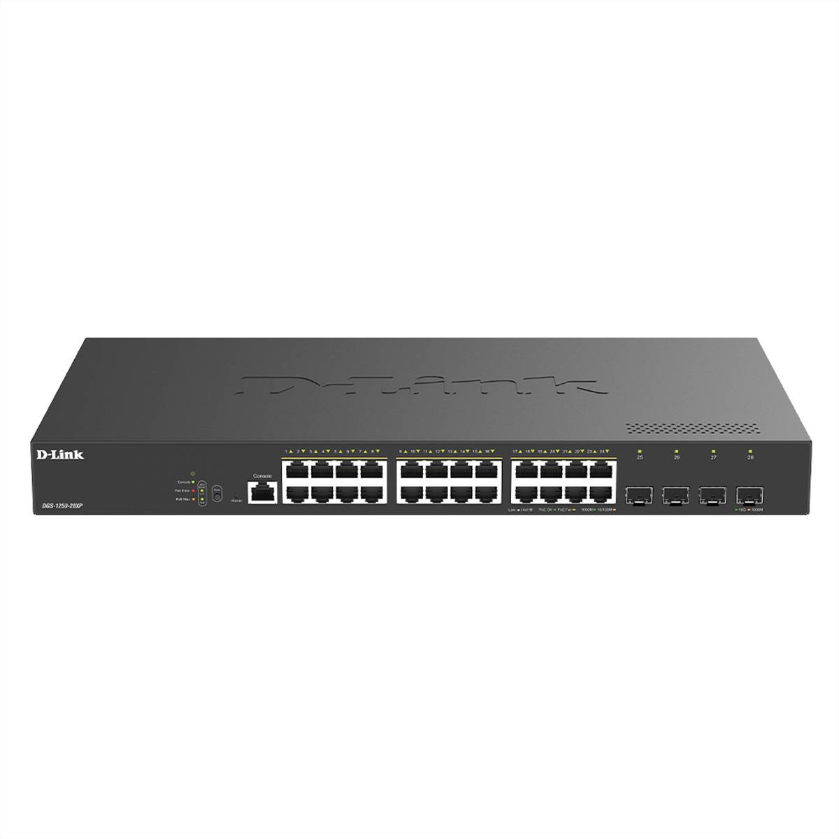 Frontansicht eines D-Link-Netzwerk-Switches für die Rackbefestigung mit mehreren Ethernet-Anschlüssen, Status-LEDs und vier SFP-Uplink-Ports.