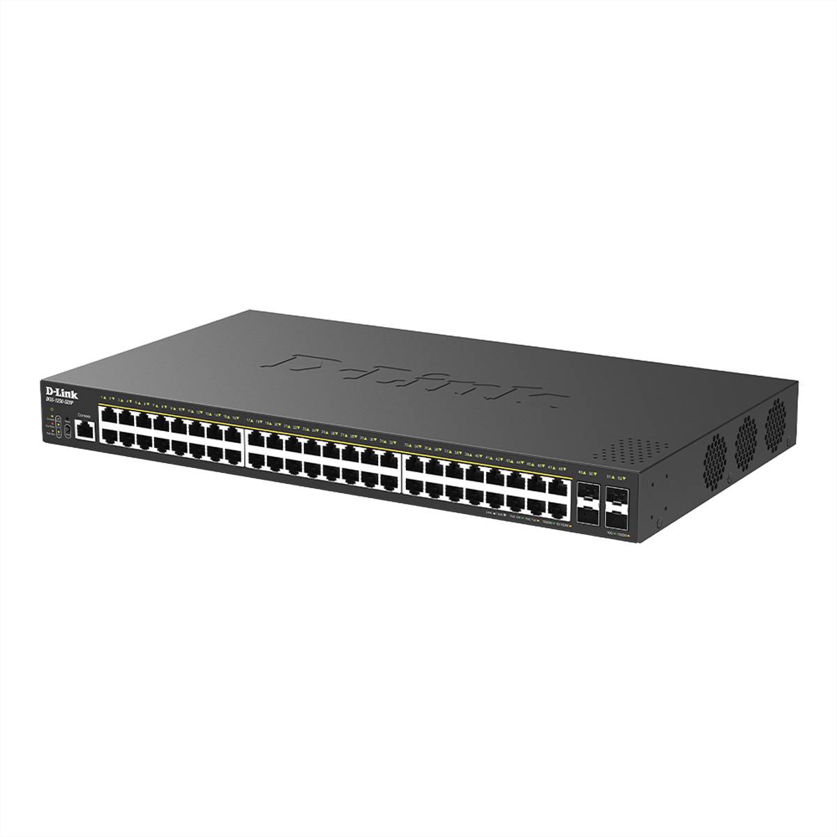Vorderansicht eines D-Link Rack-Mount-Ethernet-Netzwerk-Switches mit vielen RJ45-Anschlüssen und zwei Uplink-Ports auf einem schwarzen Metallgehäuse.