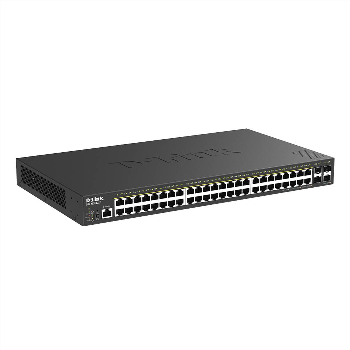 Schwarzer D-Link Ethernet-Netzwerk-Switch mit 48 nach vorne gerichteten RJ45-Anschlüssen und zwei Uplink-Anschlüssen auf weißem Hintergrund.