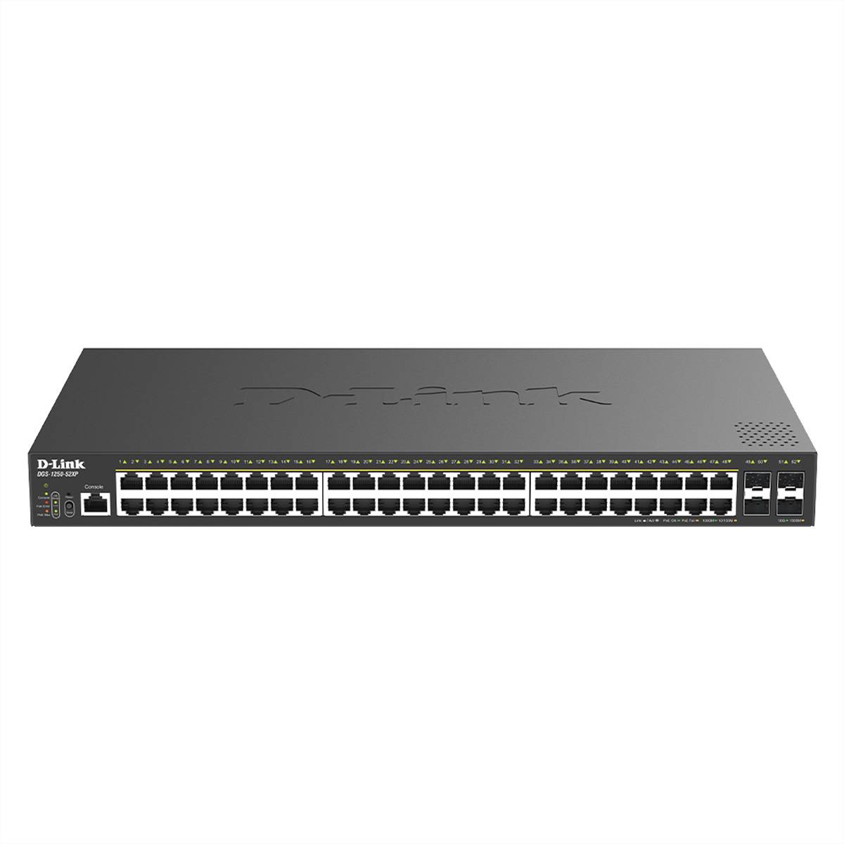 Frontansicht eines D-Link Ethernet-Netzwerk-Switches mit vielen RJ45-Anschlüssen und einigen Uplink-Ports auf einem weißen Hintergrund.