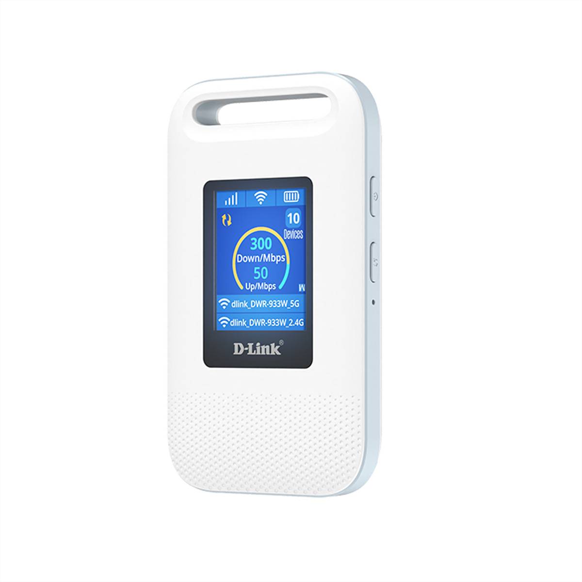Tragbares D-Link Wi-Fi-Hotspot-Gerät mit einem Bildschirm, der Signal, Batterie und Download-/Upload-Geschwindigkeiten von 300 Mbps/50 Mbps anzeigt.