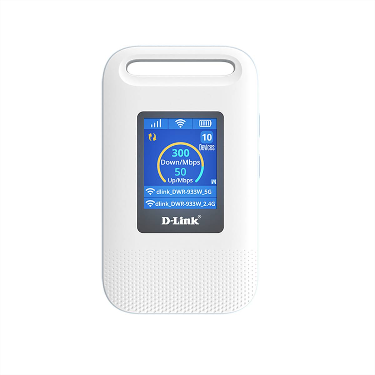 Weißer tragbarer D-Link Wi-Fi-Router/Hotspot mit einem kleinen Display, das 300 Mbps Download, 50 Mbps Upload und 10 verbundene Geräte anzeigt.