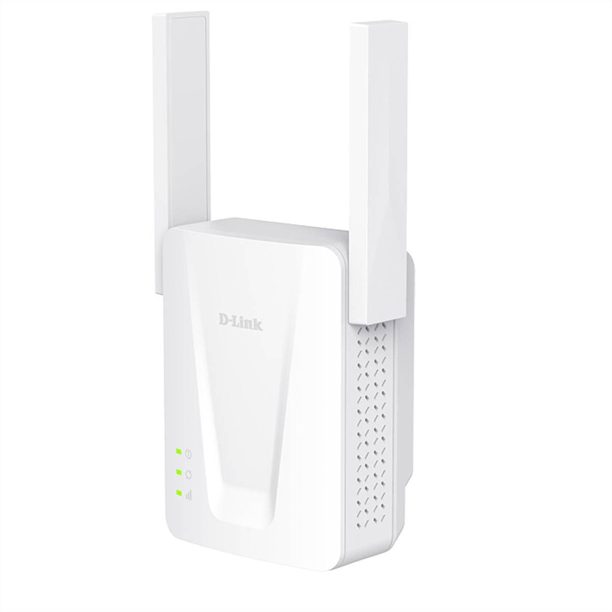 Weißer D-Link Wi-Fi-Bereichsverstärker mit zwei Antennen und drei grünen Kontrollleuchten auf einfachem Hintergrund.