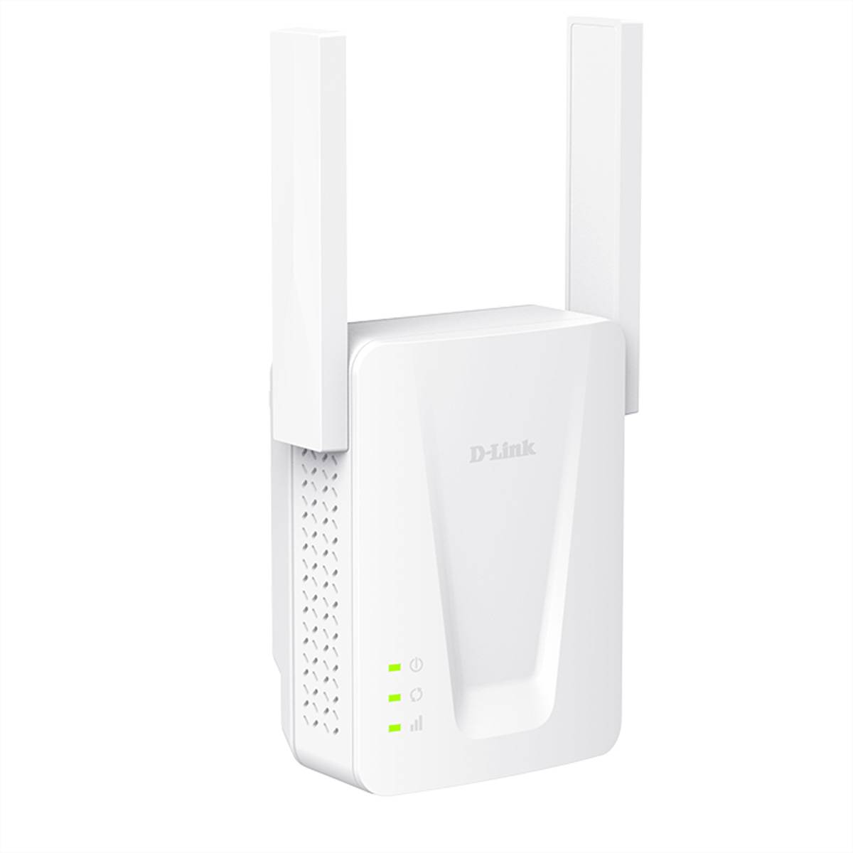 Weißer D-Link WLAN-Verstärker mit zwei Antennen und grünen Statusleuchten auf einfachem Hintergrund.