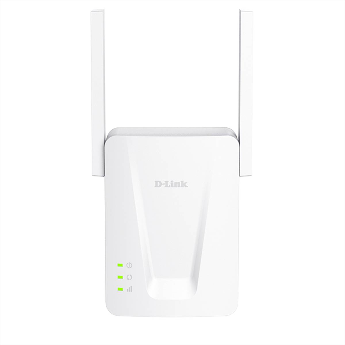 Weißer D-Link Wi-Fi-Bereichsverstärker mit zwei externen Antennen und drei grünen Status-LEDs auf einfachem Hintergrund.