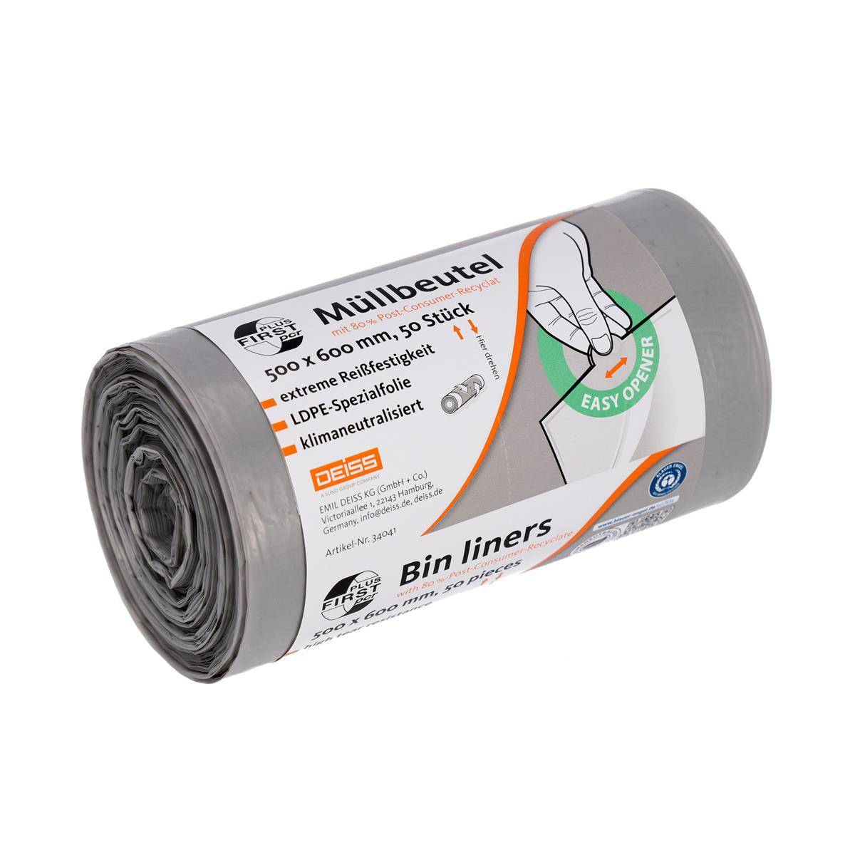 DEISS 34041 DEISS Müllbeutel FIRST PLUS pcr® 30,0 l grau 14 µm, 50 St.
