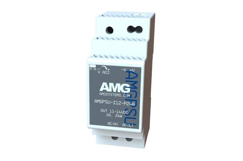 Weißes auf DIN-Schiene montiertes Stromversorgungsmodul von AMGSYSTEMS mit der Bezeichnung 'AMG', mit AC-Eingang und 11-14VDC-Ausgangsmarkierungen.