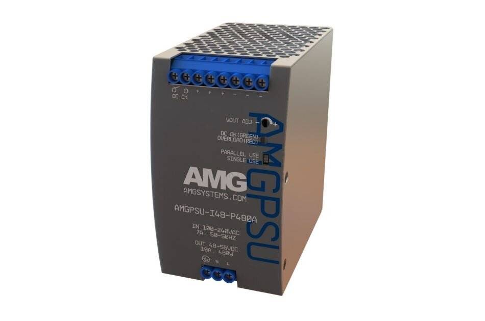Industrielles AMG-Systeme-GPSU-Stromversorgungsmodul mit blauen Anschlussanschlüssen und vorderen Statusanzeigen auf weißem Hintergrund