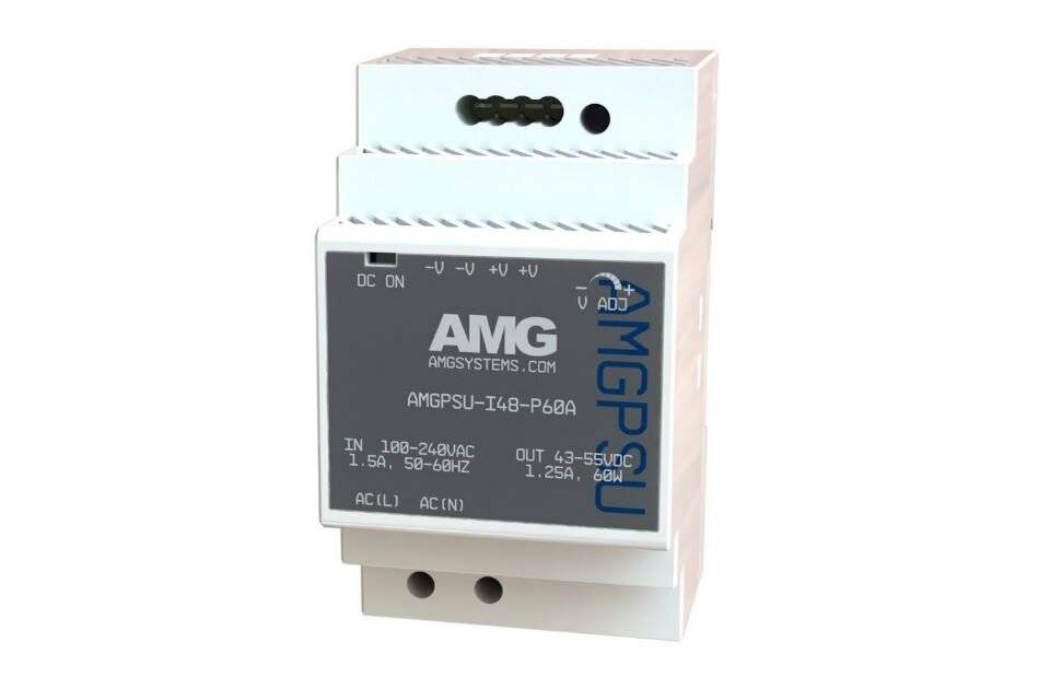 DIN-Schienenspeiseeinheit AC-DC mit der Bezeichnung AMG, mit Eingabe- und Ausgabespannungsmarkierungen auf der Frontplatte.