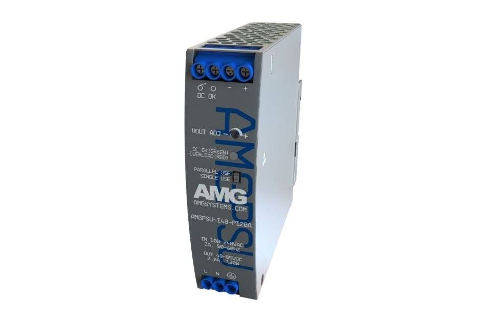 Schlankes Industrie-Strommodul mit blauen Steckerverbindern und AMG-Branding, dargestellt vor weißem Hintergrund.