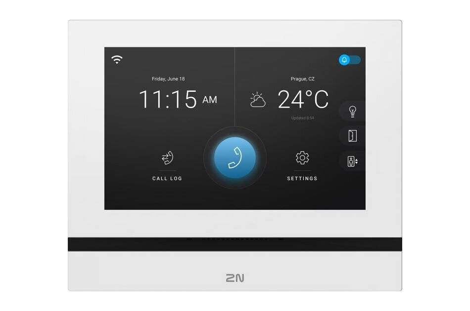 An der Wand montierter intelligenter Gegensprechbildschirm mit Anzeige von 11:15 Uhr, Freitag, 18. Juni, 24°C in Prag, mit Anrufliste und Einstellungssymbolen.
