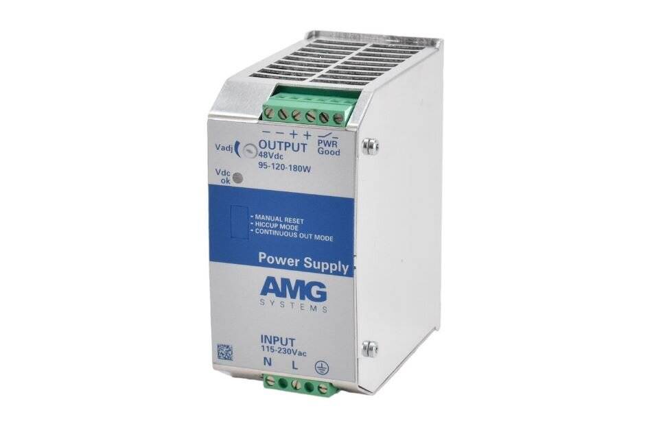 Industrielle DIN-Schienen-Stromversorgungseinheit mit Frontklemmen und belüftetem Gehäusedach, gekennzeichnet als AMG Systems Stromversorgung, 115-230VAC-Eingang und 48VDC-Ausgang.