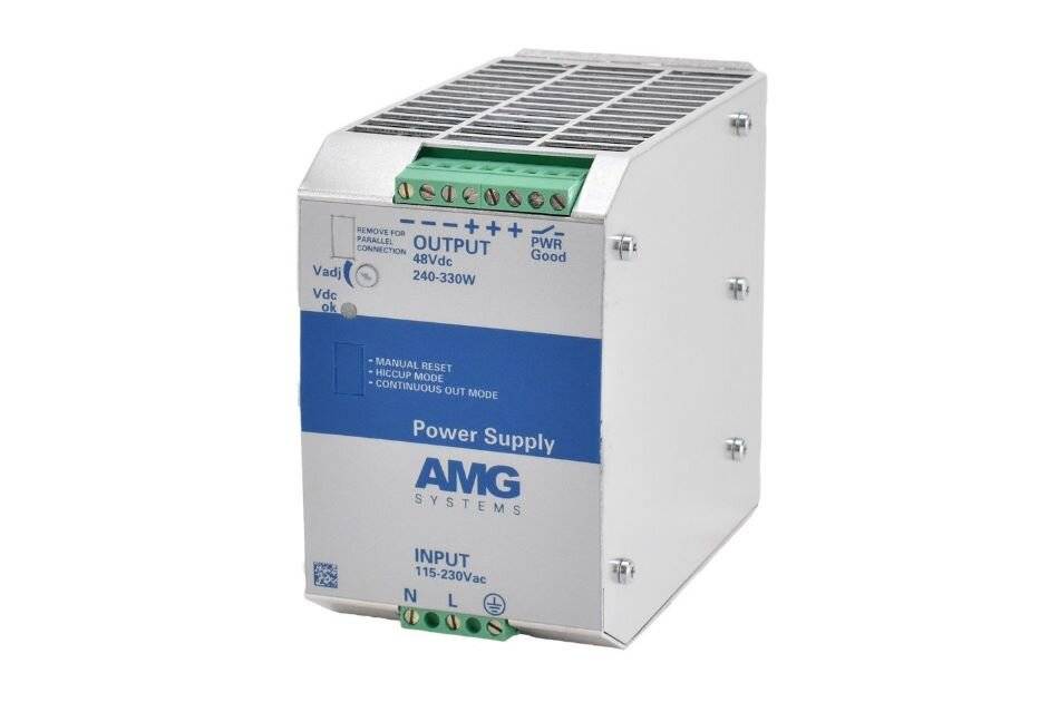 Industrielles AMG-Stromversorgungsmodul in einem Metallgehäuse mit Anschlussblöcken, gekennzeichnet mit Eingang 115-230VAC und Ausgang 48Vdc 240-330W.