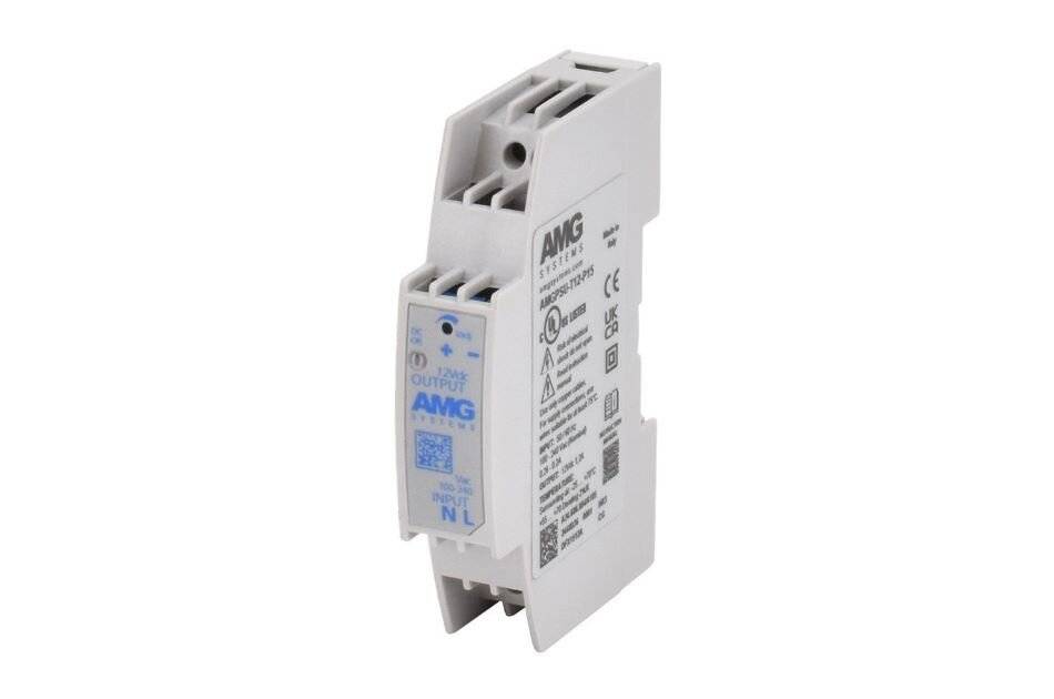 Weißes DIN-Schienen-Elektromodul mit der Bezeichnung „AMG