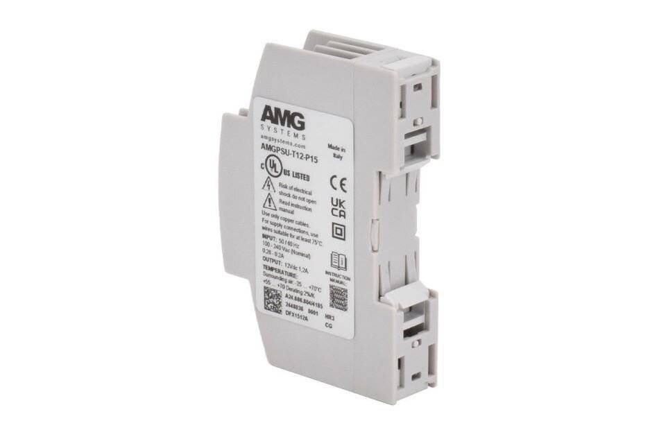 Weißes AMG-Systemgerät/Modul mit DIN-Schienenmontage in Seitenansicht auf einfachem weißem Hintergrund, mit sichtbarem Etikett und Anschlussklemmen.