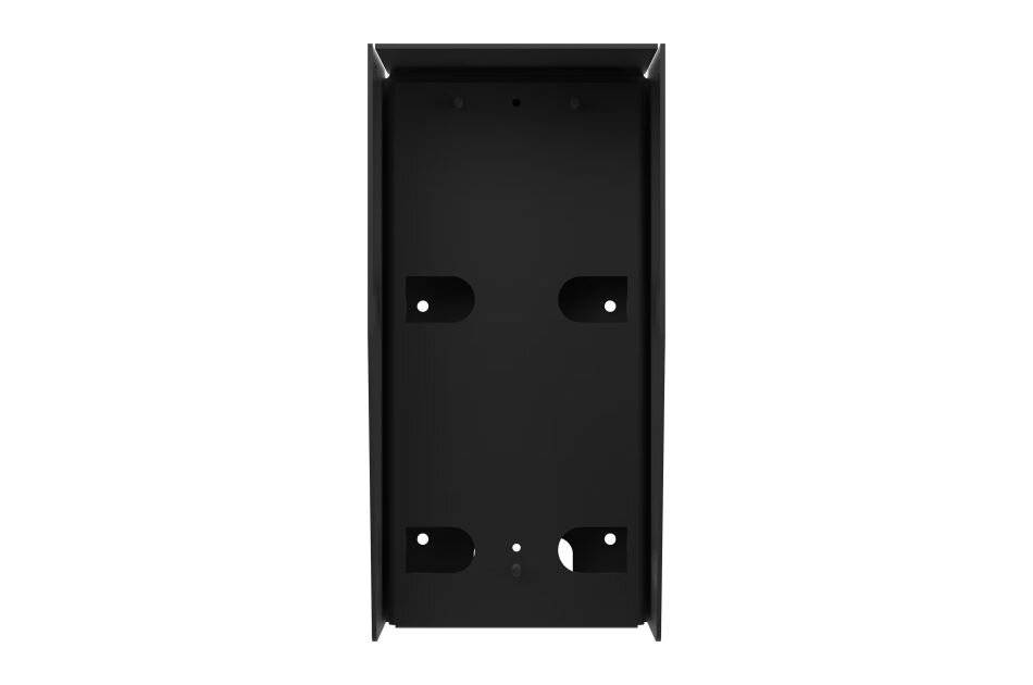 Schwarzes an der Wand montiertes Elektrogehäuse, geöffnet dargestellt, mit sichtbaren Montagelöchern und inneren Ausschnitten.