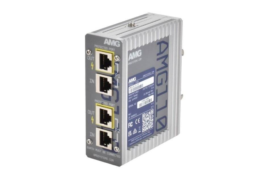 Industrielles AMG-Netzwerkgerät mit vier Ethernet-Anschlüssen, dargestellt in einem grauen Metallgehäuse auf weißem Hintergrund.