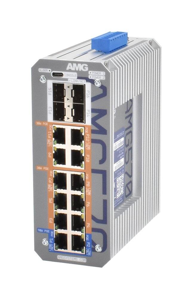 Industrie-AMG-Ethernet-Switch mit mehreren RJ45-Anschlüssen und einem blauen Stromanschluss oben, in einem silbernen Metallgehäuse dargestellt.