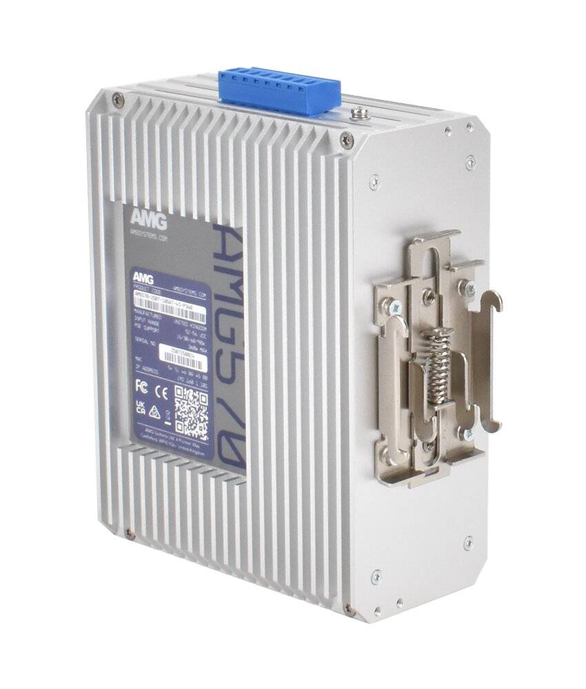 Silbernes Industrie-Elektronikmodul mit blauem Stecker und metallischer Befestigungshalterung, dargestellt auf weißem Hintergrund.