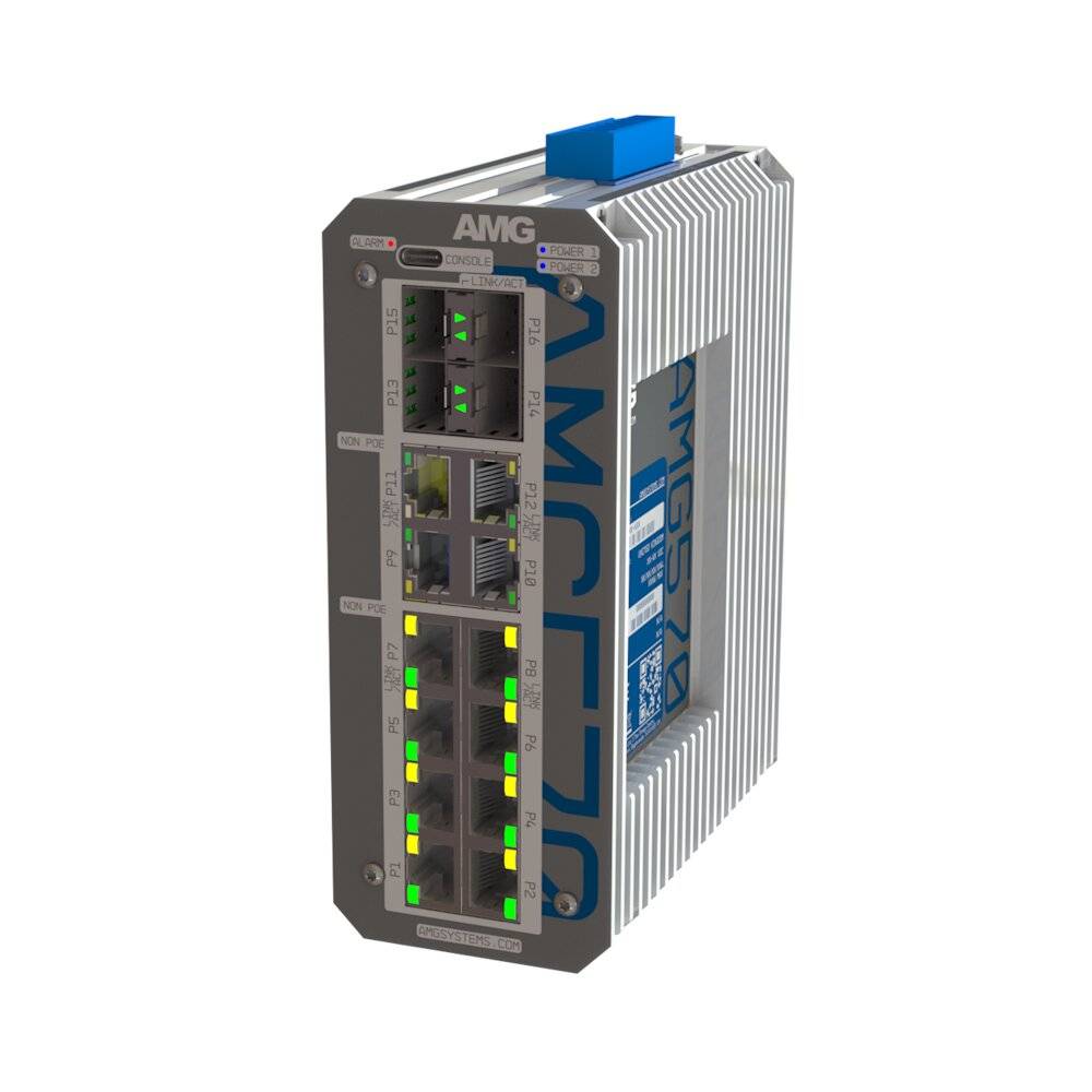 Industrieller AMG-Netzwerk-Switch mit mehreren Ethernet-Anschlüssen und Status-LEDs, dargestellt als robustes Metallgerät auf weißem Hintergrund.