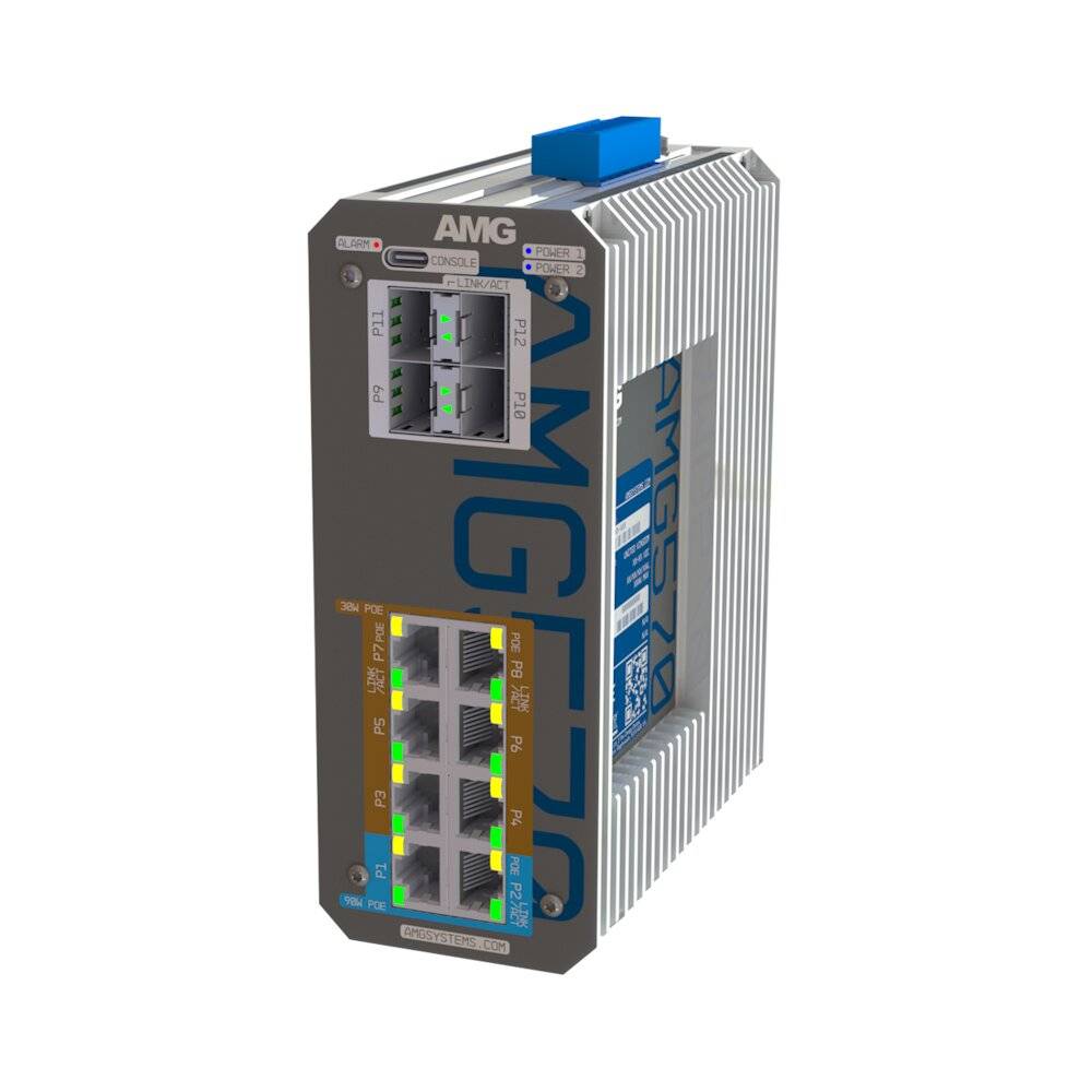 Industrielles AMG-Elektronikmodul mit vorderen Anzeigelichtern und Steckverbinderports, dargestellt in einer 3D-Produktansicht auf weißem Hintergrund.
