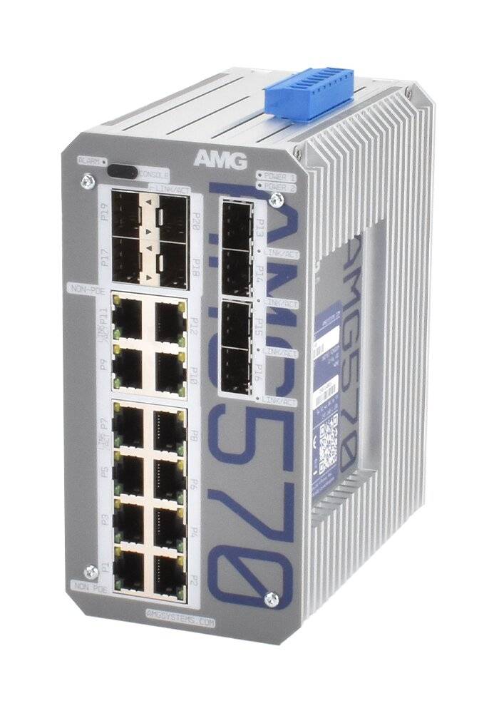 Industrie-Ethernet-Schalter mit mehreren RJ45-Anschlüssen, gekennzeichnet mit AMG und „SWITCH 570