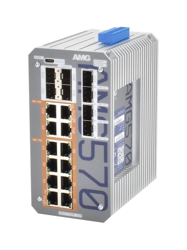 Industrie-AMG 570 Netzwerk-Switch-Modul mit mehreren Ethernet-Anschlüssen und einem blauen Anschluss oben, gezeigt in einer weißen Studioansicht.