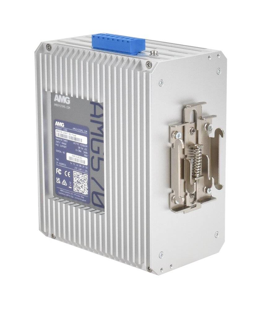 Industrielles Metallelektronikmodul mit geripptem Aluminium-Gehäuse, blauem Stecker oben und seitlicher Montageklammer.