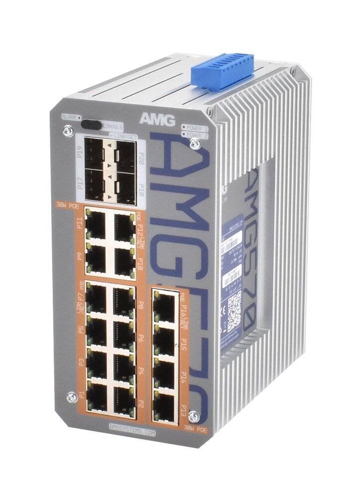 Industrieller AMG MEG2D Ethernet-Schalter mit mehreren RJ45-Anschlüssen und einem blauen Steckverbinder oben, gezeigt vor weißem Hintergrund.