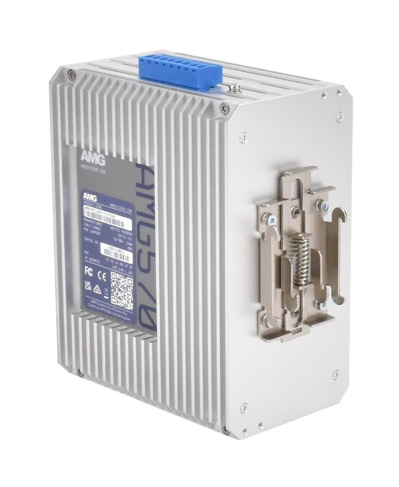 Industrielles Metallmodul mit elektronischer Komponente, Kühlrippen und Befestigungshalterung, gekennzeichnet mit AMG, auf weißem Hintergrund gezeigt.