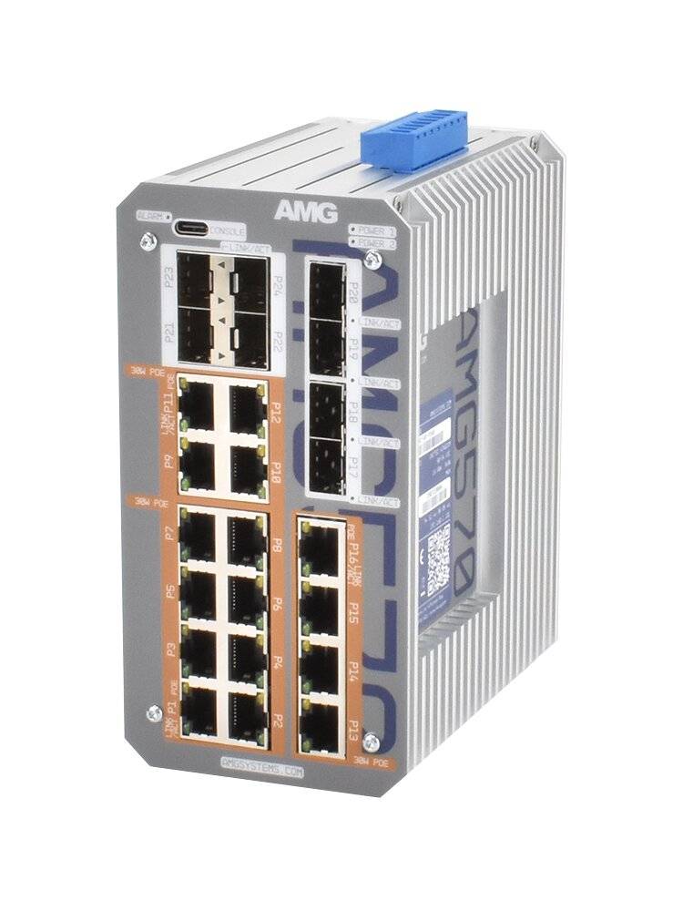 Industrieller AMG Ethernet-Switch mit mehreren RJ45-Anschlüssen und einem oberen blauen Stecker, gezeigt auf weißem Hintergrund.