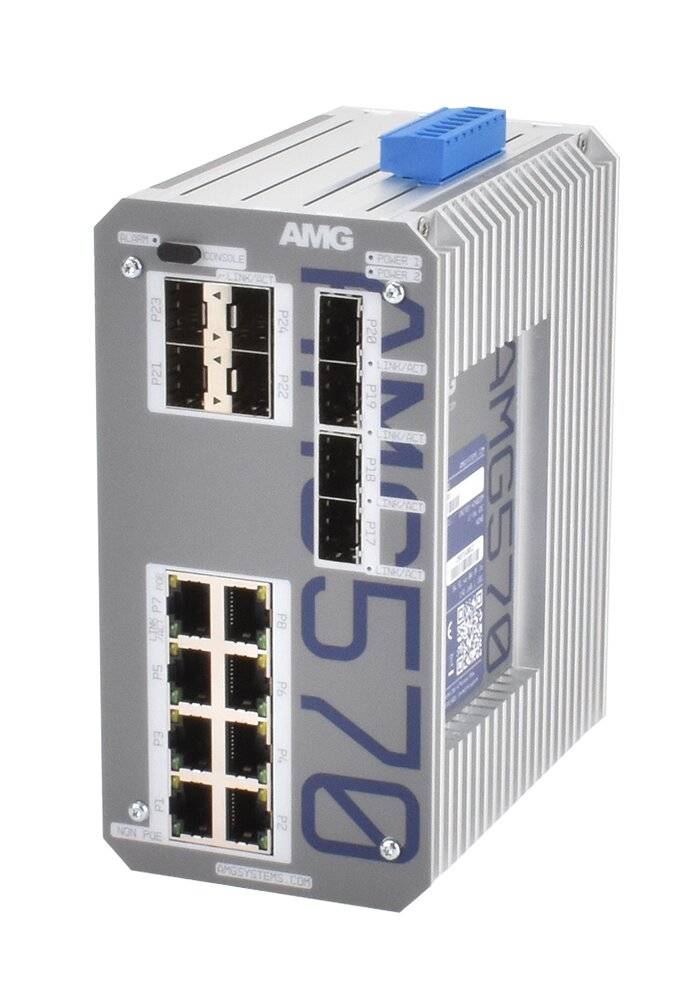Industrieller AMG Ethernet-Schalter mit mehreren RJ45-Anschlüssen und einem blauen Stromanschluss, dargestellt in einem grauen Metallgehäuse.