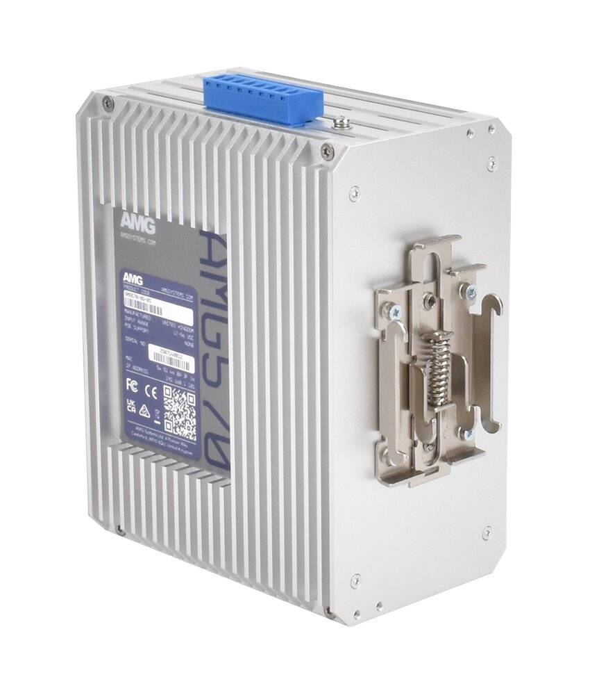 Industrielles Metall-AMG-Elektronikmodul mit Kühlrippen, oberem blauem Stecker und seitlicher Befestigungshalterung auf weißem Hintergrund.
