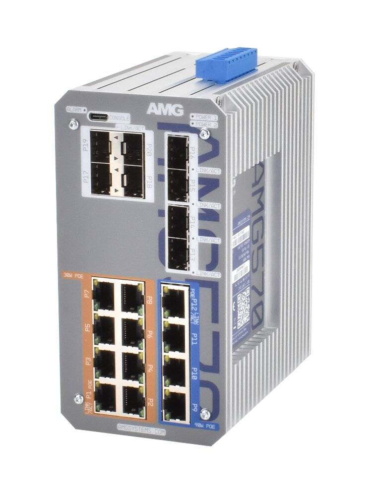 Industrieller AMG 770 Netzwerk-Switch mit mehreren Ethernet-Anschlüssen und einem blauen oberen Stecker, dargestellt auf weißem Hintergrund.