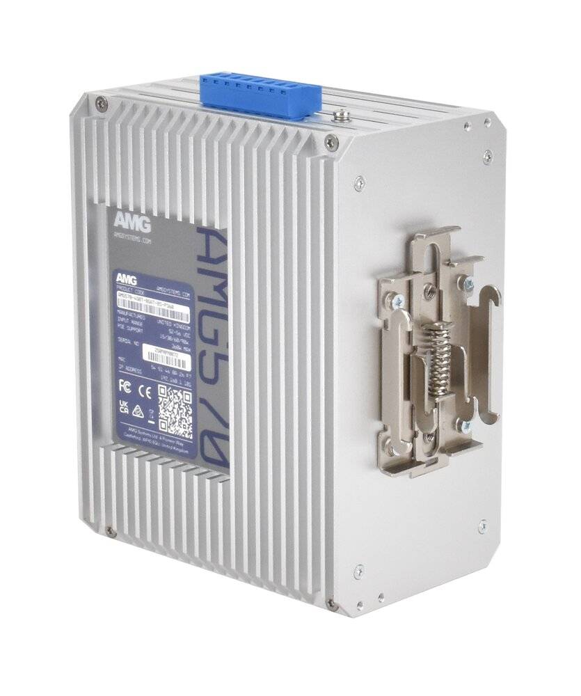 Silber-Industrielektronikmodul mit Kühlrippen, AMG-Kennzeichnung, blauem Steckverbinder oben und federnd befestigter Seitenkonsole.