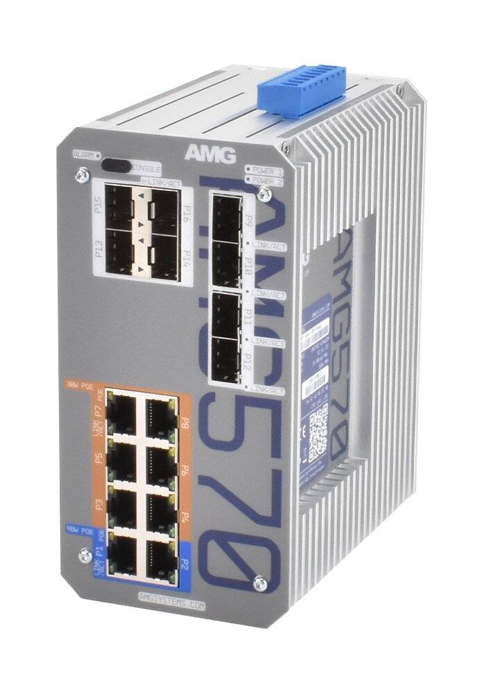 Industrieller robuster AMG-Netzwerk-Switch mit mehreren Ethernet-Anschlüssen und einem blauen oberen Anschluss, dargestellt auf weißem Hintergrund.