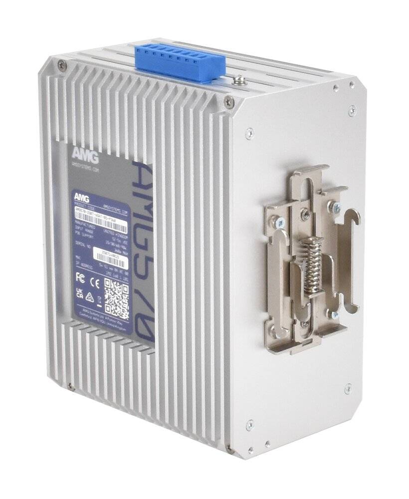 Industrielles elektronisches Modul mit Kühlrippen, blauem Anschluss oben und Befestigungshalterung an der Seite.