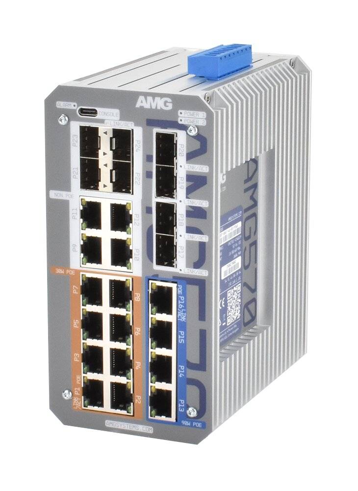 Industrieller AMG Ethernet-Switch mit mehreren RJ45- und Faser-Anschlüssen auf einem grauen Metallgehäuse, dargestellt in Perspektive auf weißem Hintergrund.