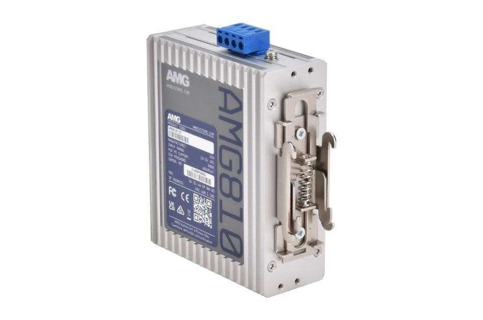 Kompaktes silbernes Industrie-Elektronikmodul mit blauem Klemmblock und vorderem Metallriegel, isoliert auf weißem Hintergrund dargestellt.