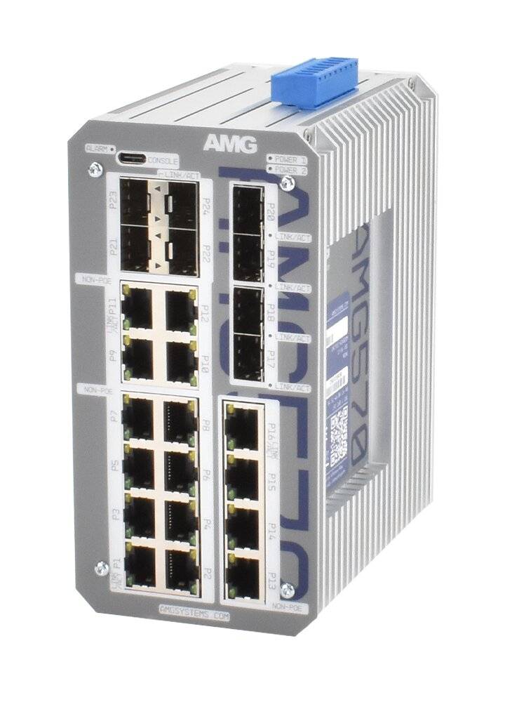 Industrieller AMG-Netzwerkschalter mit mehreren Ethernet-Anschlüssen und einem blauen Steckverbinder oben, dargestellt auf weißem Hintergrund.