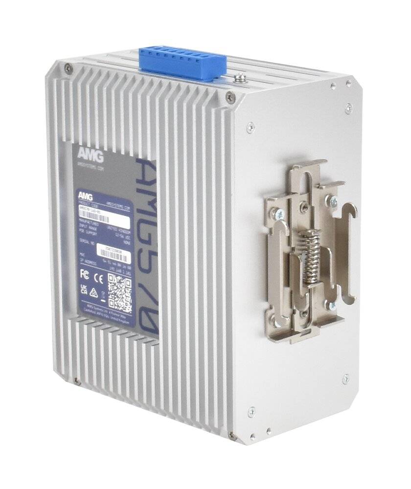 Silberfarbiges industrielles elektronisches Modul mit seitlichem Befestigungsclip und blauem Anschluss oben, gezeigt auf weißem Hintergrund.