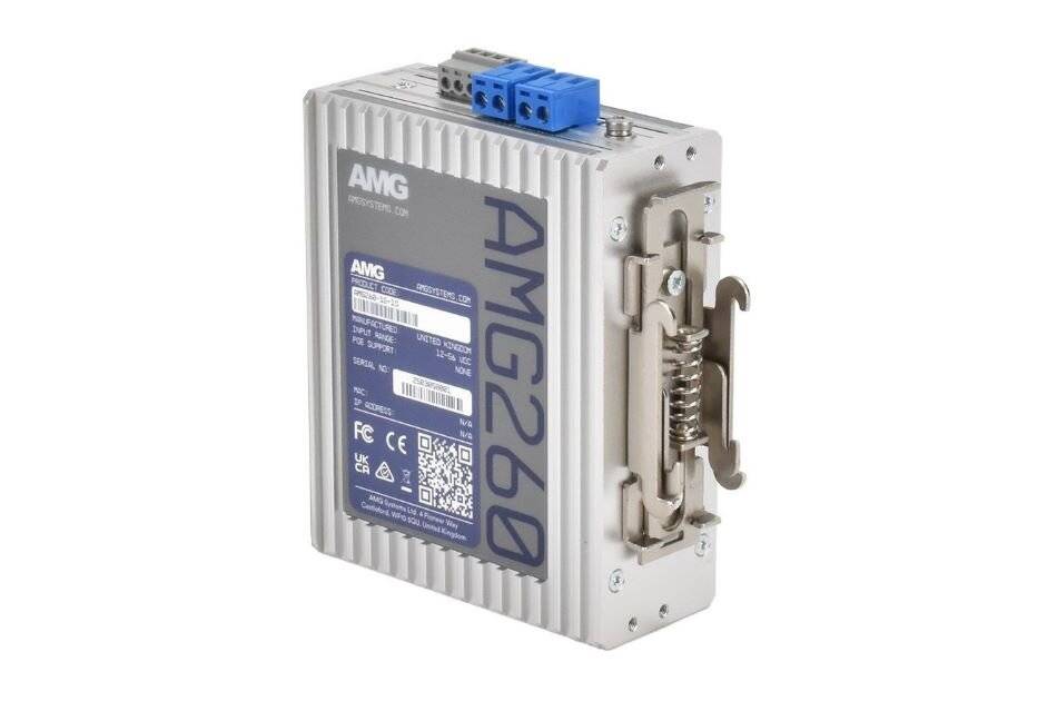 Industrielles AMG260-Elektronikmodul mit blauen Klemmblöcken und seitlicher Befestigungsklammer, gezeigt auf weißem Hintergrund.