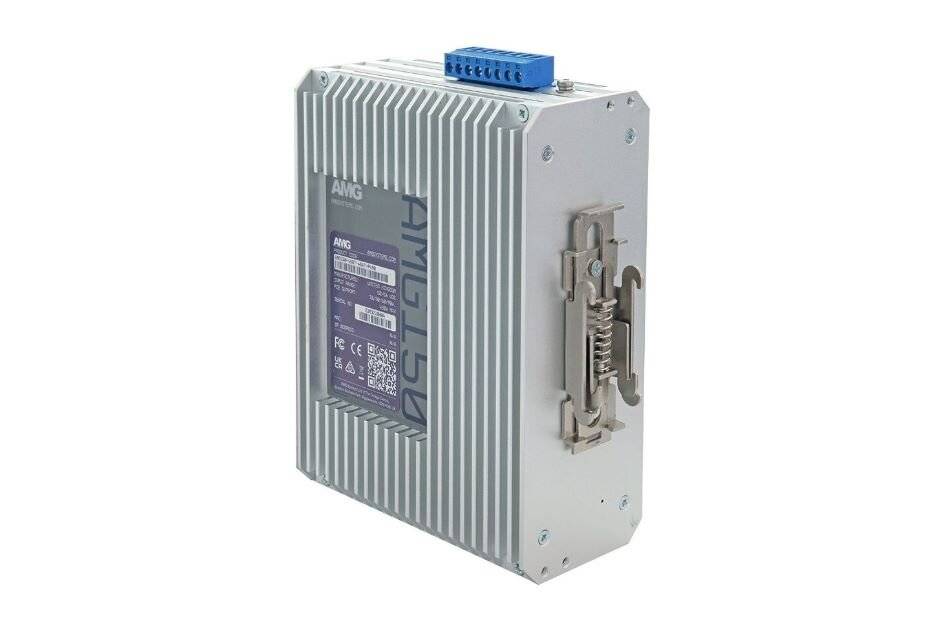 Industrielles elektronisches Modul mit geripptem Metallkühlkörpergehäuse, blauem Klemmblock oben und seitlicher Befestigungsklammer vor weißem Hintergrund.