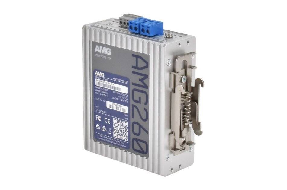 Industrielles AMG260-Gerätemoduel mit blauen Anschlussblöcken und seitlicher Befestigungsklemme auf weißem Hintergrund.