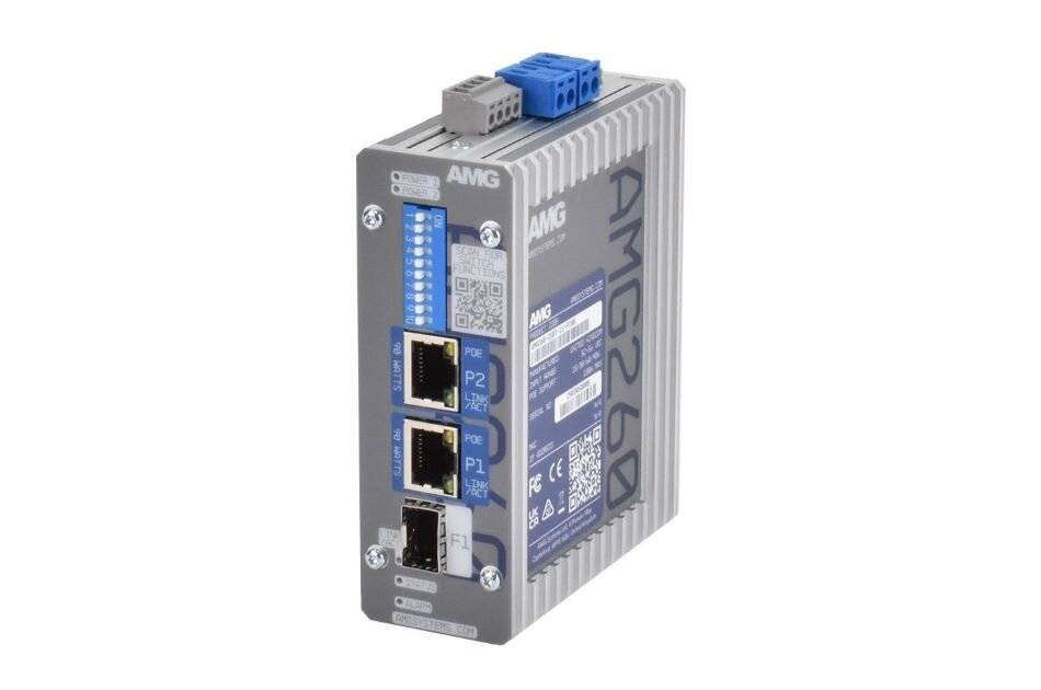Industrielles AMG AMI 2620 Netzwerkgerät mit zwei Ethernet-Anschlüssen und blaugrauen Terminalanschlüssen auf weißem Hintergrund